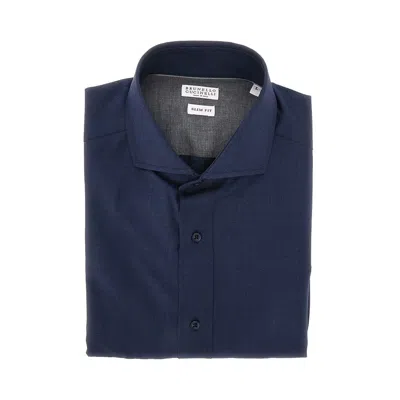 Brunello Cucinelli Virgin Wool Slim Fit Shirt In Blue