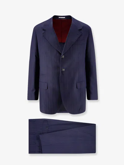 Brunello Cucinelli Virgin Wool Suit With Pinstripe Pattern In Blue