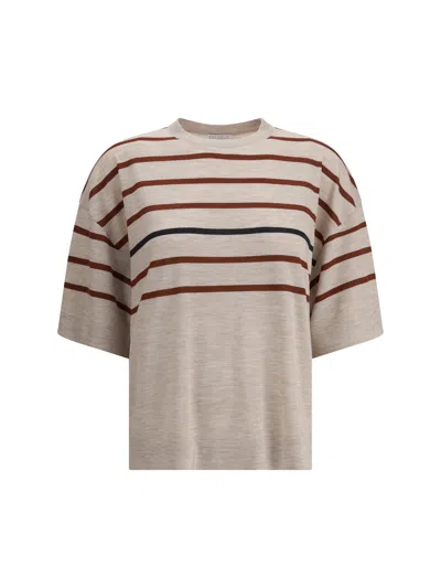 Brunello Cucinelli Striped Perforated Sweater In White