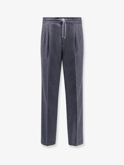 Brunello Cucinelli Men Virgin Wool Trousers With Drawstring In Gray