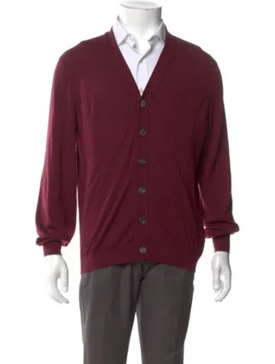 Pre-owned Brunello Cucinelli Virgin Wool V-neck Cardigan In Burgundy