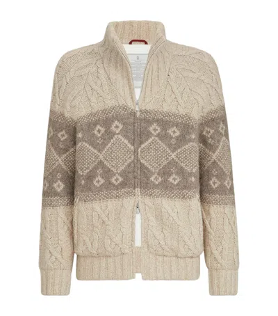 Brunello Cucinelli Virgin Wool-silk-cashmere Cable-knit Down Jacket In Black
