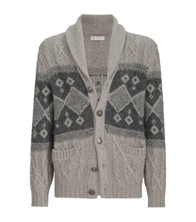 Brunello Cucinelli Virgin Wool-silk-cashmere Cardigan In Gray