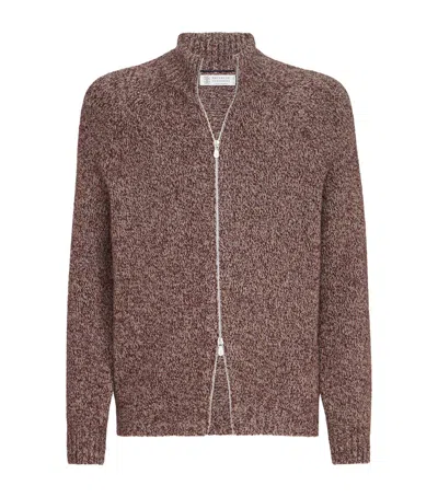 Brunello Cucinelli Virgin Wool-silk-cashmere Cardigan In Brown