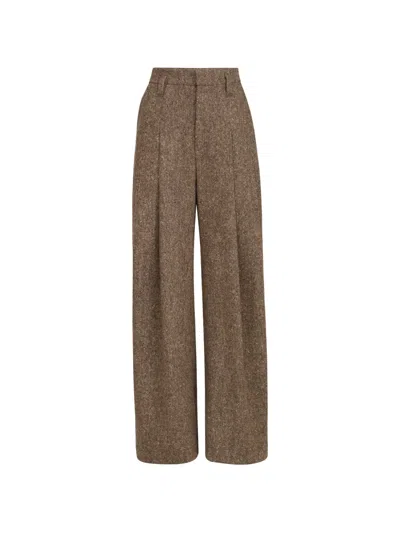 Brunello Cucinelli Virgin-wool Donegal Pleated Barrel Trousers With Monili In Brown
