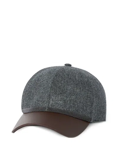 Brunello Cucinelli Virgin-wool Flannel And Nappa-leather Baseball Cap With Shiny Band In Multi