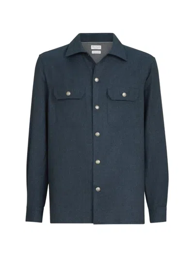 Brunello Cucinelli Virgin-wool Flannel Overshirt With Spread-collar And Chest-pockets In Blue
