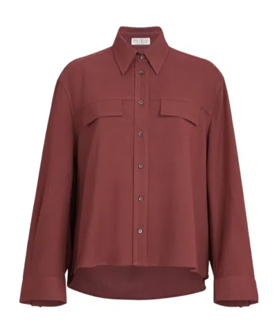 Brunello Cucinelli Virgin-wool Fluid Twill Cropped Shirt In Burgundy