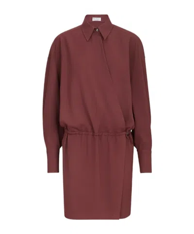 Brunello Cucinelli Virgin-wool Fluid Twill Shirt Dress With Monili In Burgundy