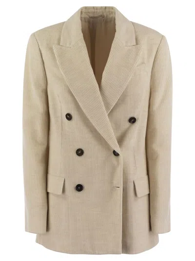 Brunello Cucinelli Viscose And Cotton Corduroy Jacket With Necklace In Ivory