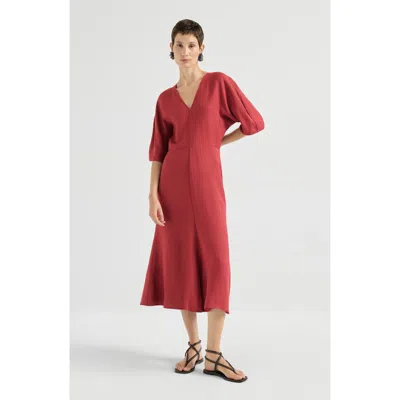 Brunello Cucinelli Viscose And Linen Fluid Twill Dress With Monili In Red