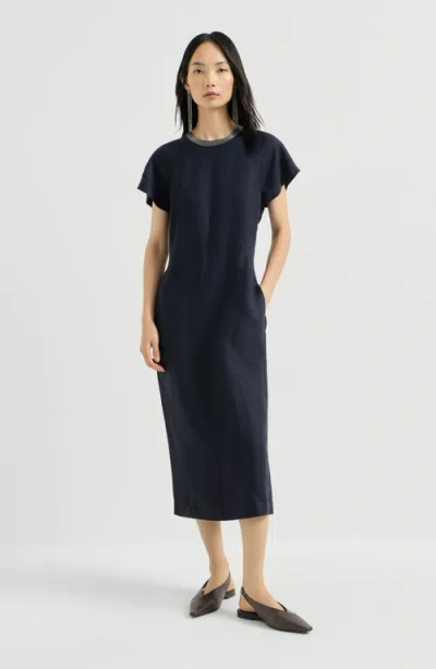 Brunello Cucinelli Viscose And Linen Fluid Twill Dress With Precious Collar In Multi