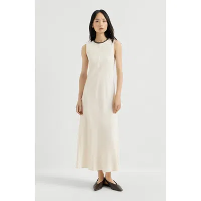 Brunello Cucinelli Viscose And Linen Fluid Twill Dress With Precious Collar In White