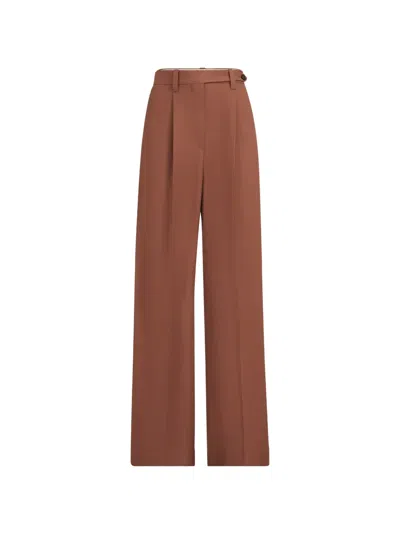 Brunello Cucinelli Viscose And Linen Fluid Twill Wide Trousers With Monili In Brown