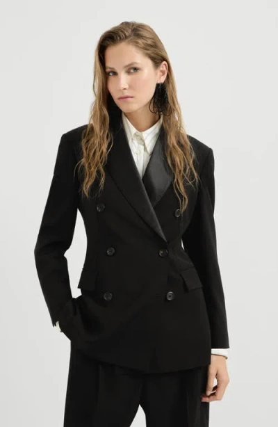 Brunello Cucinelli Viscose And Virgin Wool Tuxedo Jacket With Monili In Black