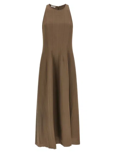 Brunello Cucinelli Viscose-linen A-line Dress In Brown