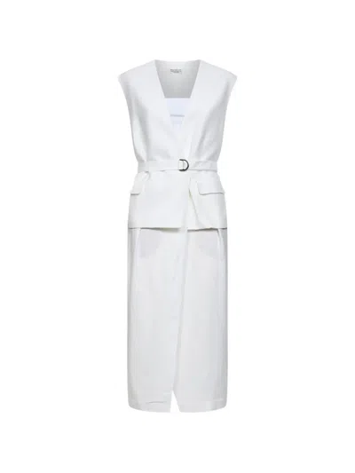 Brunello Cucinelli V-neck Belted Midi Dress In White