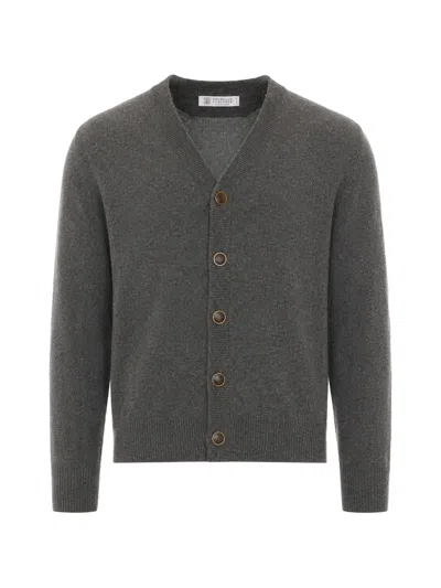 Brunello Cucinelli Buttoned V-neck Cardigan In Brown