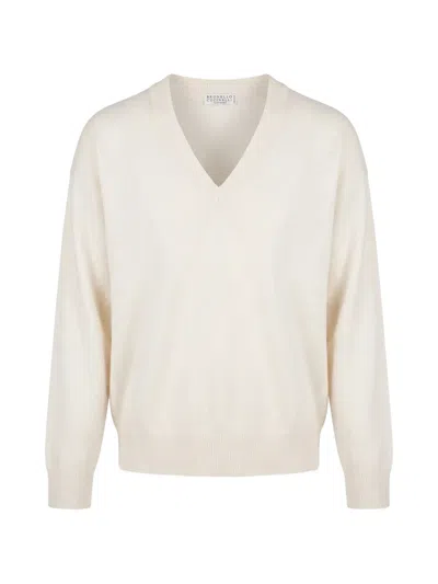 Brunello Cucinelli V-neck Cashmere Sweater In Neutral
