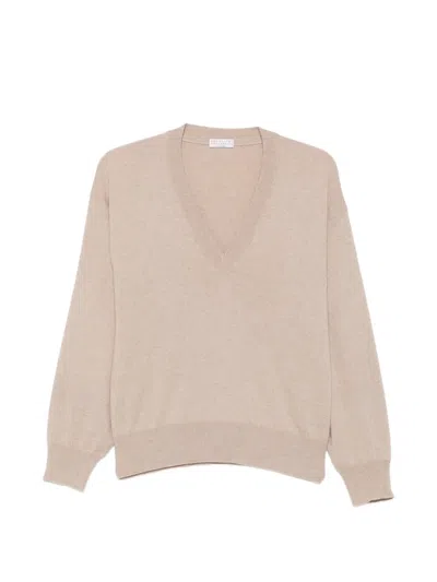 Brunello Cucinelli V-neck Cashmere Sweater In Neutral