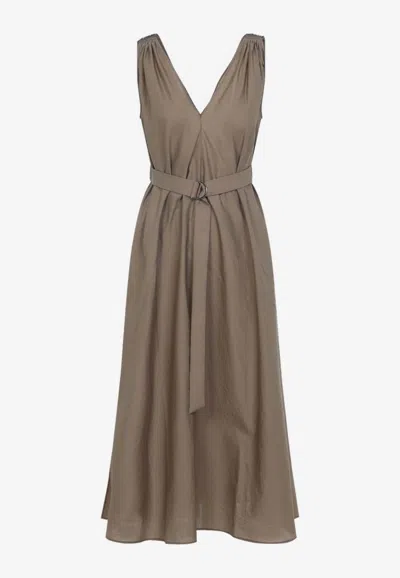 Brunello Cucinelli V-neck Flared Midi Dress In Brown