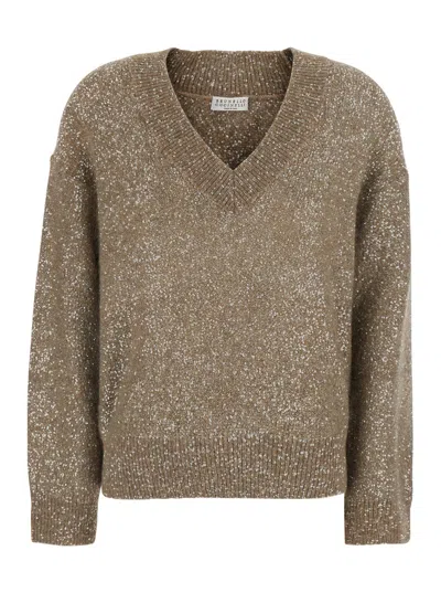 Brunello Cucinelli V-neck Knit Wool-blend Sweater With Ribbed Finishes In Multi