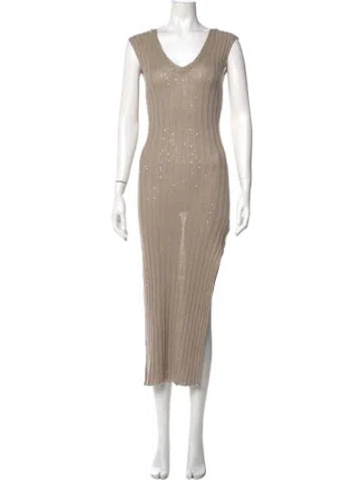Pre-owned Brunello Cucinelli V-neck Long Dress In Brown