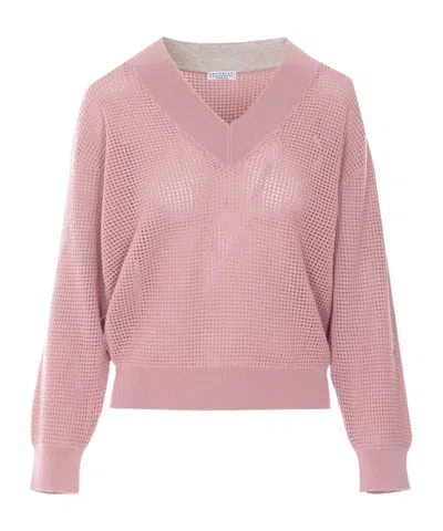 Brunello Cucinelli V-neck Long-sleeved Knit Top In Pink