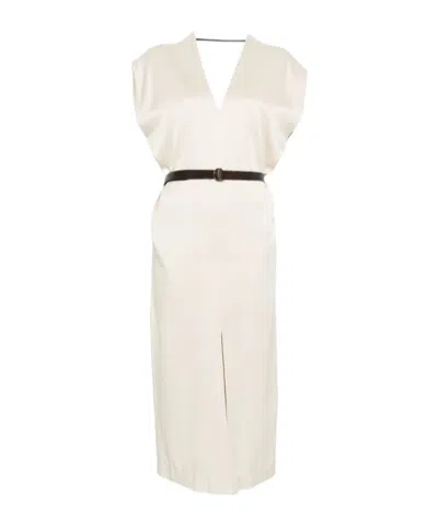 Brunello Cucinelli V-neck Midi Dress In Neutral