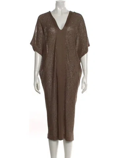 Pre-owned Brunello Cucinelli V-neck Midi Length Dress In Brown
