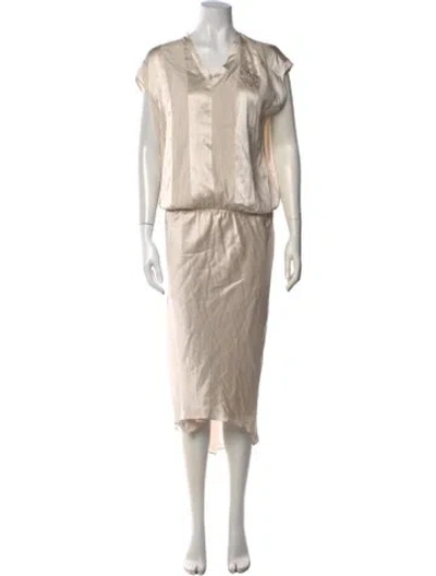 Pre-owned Brunello Cucinelli V-neck Midi Length Dress W/ Tags In Neutrals