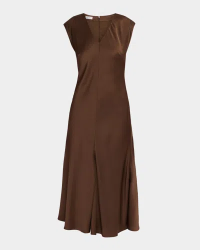 Brunello Cucinelli V-neck Monili Sleeveless Satin Midi Dress In Brown