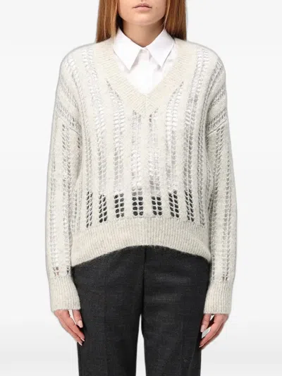 Brunello Cucinelli V-neck Open-knit Sweater In Gray