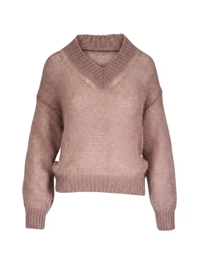 Brunello Cucinelli V-neck Open-knit Sweater In Pink