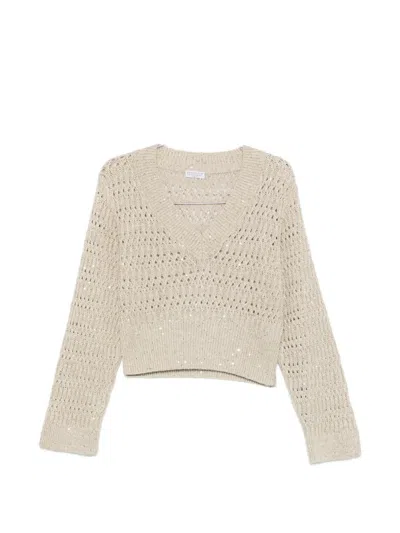 Brunello Cucinelli V-neck Openwork Sweater In Brown