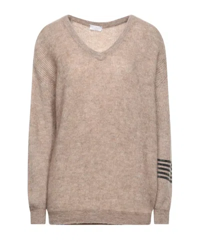 Brunello Cucinelli V-neck Ribbed Knit Sweater In Neutral