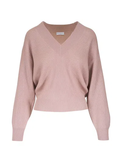 Brunello Cucinelli V-neck Ribbed Sweater In Pink