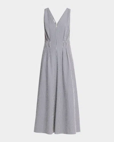 Brunello Cucinelli V-neck Seersucker Cotton Sleeveless Midi Dress In Gray