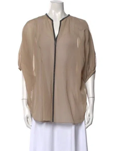Pre-owned Brunello Cucinelli V-neck Short Sleeve Blouse W/ Tags In Brown