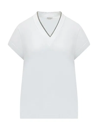 Brunello Cucinelli V-neck Short Sleeve Top In White
