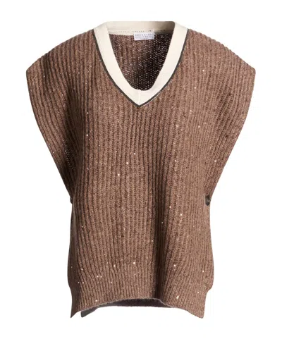 Brunello Cucinelli Vneck Shortsleeve Knit Top In Brown