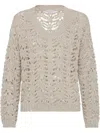 Brunello Cucinelli 'dazzling' Brown Round Neck Sweater With Open Stitch And Beaded Decorations In Beige