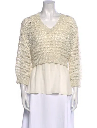 Pre-owned Brunello Cucinelli V-neck Three-quarter Sleeve Blouse In White