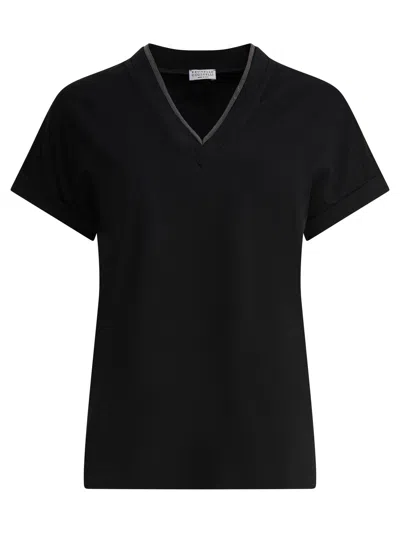 Brunello Cucinelli V-neck Top With Metallic Detail At Neckline In Black