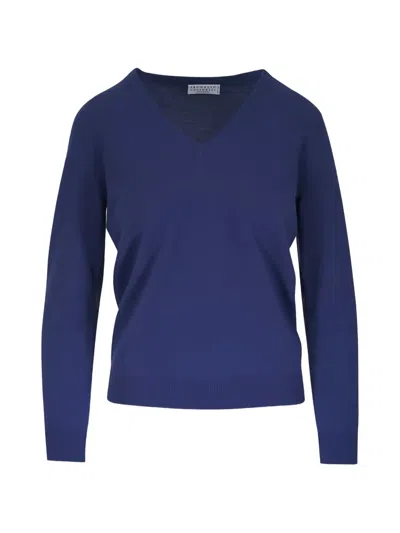 Brunello Cucinelli V-neck T-shirt In Blue