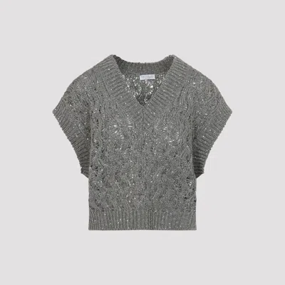 Brunello Cucinelli Silk-linen Cable-knit Sweater Vest In Gray