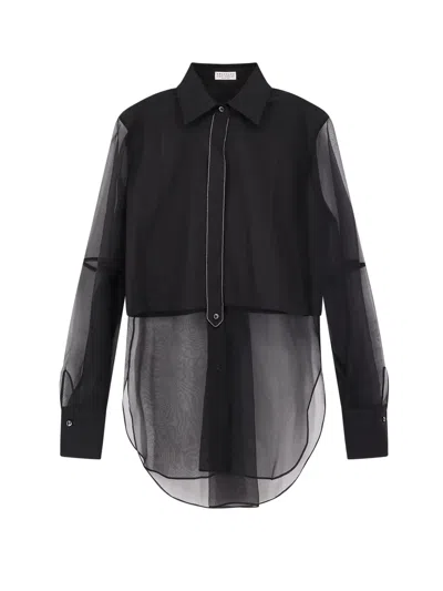 Brunello Cucinelli Voile Shirt With Monili Profile In Black