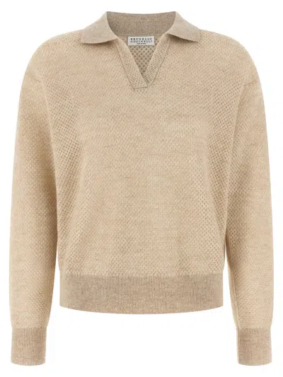 Brunello Cucinelli Perforated Waffle Knit Wool Blend Polo Shirt In Gold