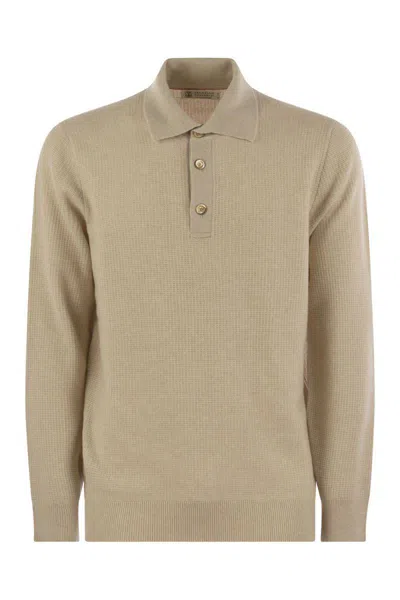 Brunello Cucinelli Waffle Stitch Cashmere Knit Polo Shirt With Long Sleeve In Sand