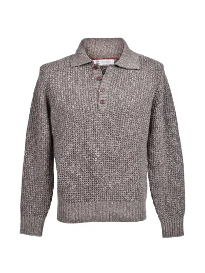 Brunello Cucinelli Waffle-knit Polo-style Sweater In Gray